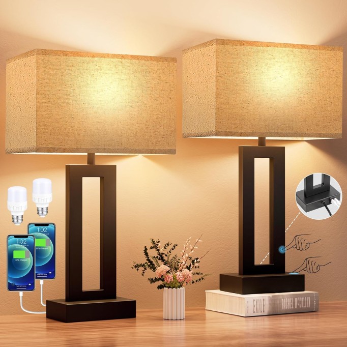 Bedroom Lamps for Night Stands - Touch Control, 3 Way Dimmable, USB C+A Charging, LED Bulbs, Easy Assembly