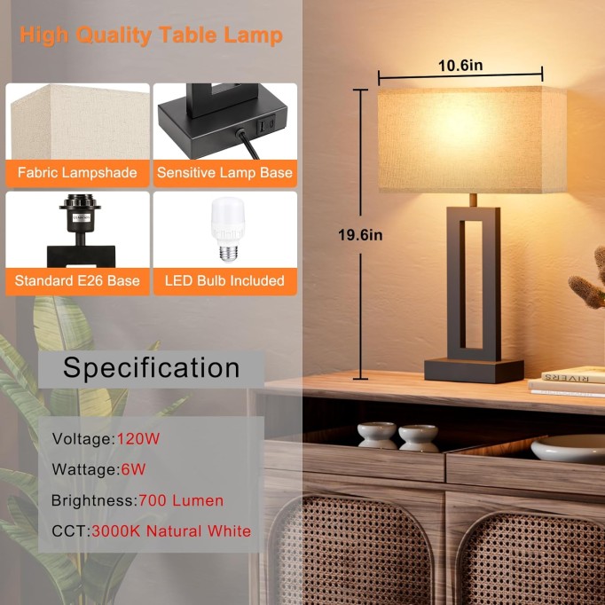 Bedroom Lamps for Night Stands - Touch Control, 3 Way Dimmable, USB C+A Charging, LED Bulbs, Easy Assembly