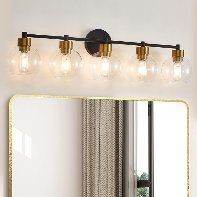 Bathroom Light Fixtures, Black and Gold 5 Light Bathroom Vanity Light, Bathroom Lights Over Mirror with Globe Glass Shade and Metal Base, Vanity Lights for Bathroom, Stairs, Kitchen