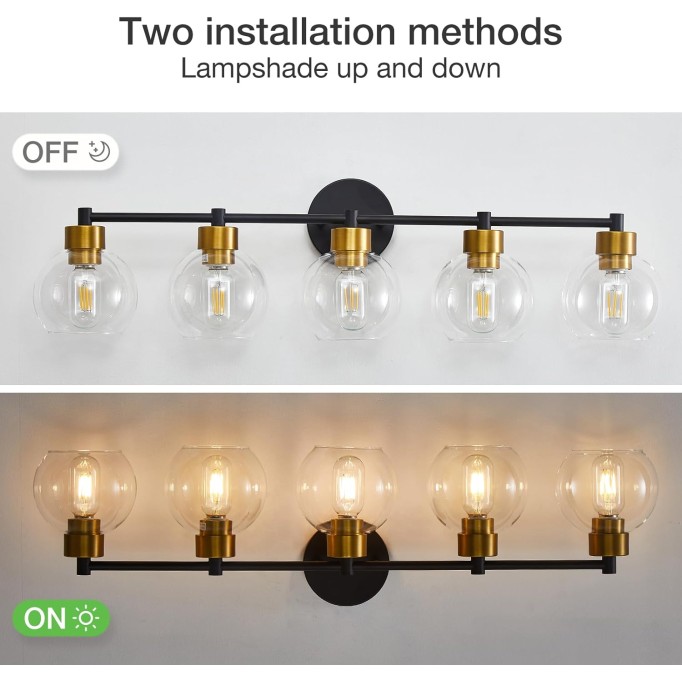 Bathroom Light Fixtures, Black and Gold 5 Light Bathroom Vanity Light, Bathroom Lights Over Mirror with Globe Glass Shade and Metal Base, Vanity Lights for Bathroom, Stairs, Kitchen