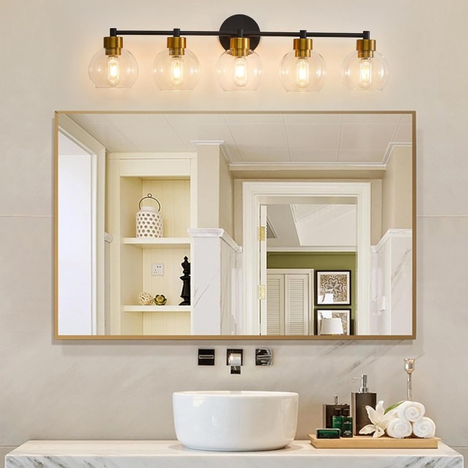 Bathroom Light Fixtures, Black and Gold 5 Light Bathroom Vanity Light, Bathroom Lights Over Mirror with Globe Glass Shade and Metal Base, Vanity Lights for Bathroom, Stairs, Kitchen