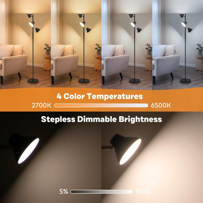 2024 Upgraded LED Floor Lamp, 36W Modern Floor Lamp with Remote & Touch Control, 2700K-6500K, Standing Lamp with 3 Rotatable Lights, Floor Lamps for Living Room, Bedroom, Office