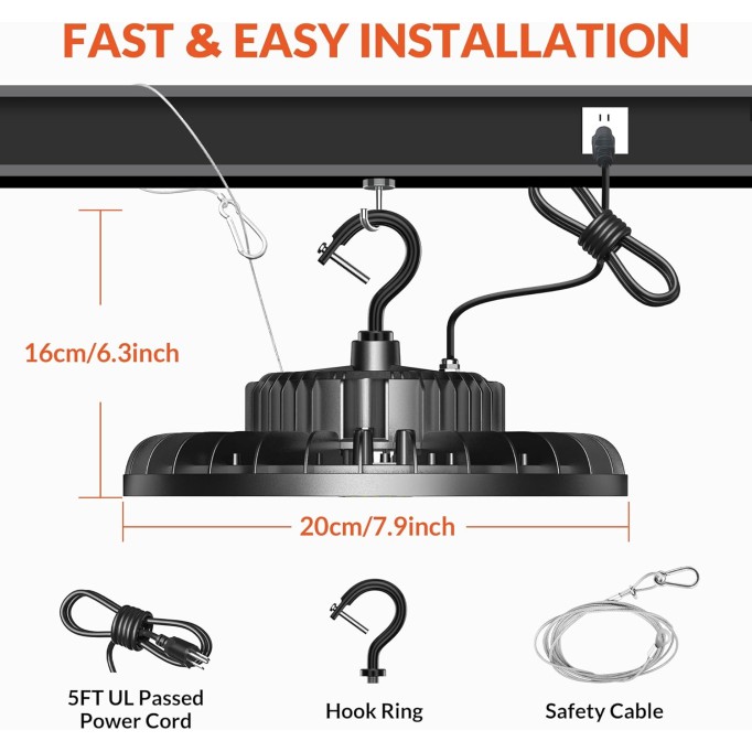 LED High Bay Light 150W 21,000lm 5000K Daylight 600W MH/HPS Equivalent with US Plug 5’ Cable Waterproof UFO Commercial Warehouse Workshop Garage Factory Area Lighting Fixture, 2 Pack