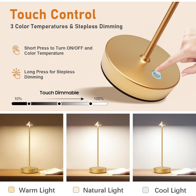 Set of 2 Rechargeable Cordless Table Lamp,6000mAh LED Battery Operated Desk Lamp Touch 3 Color Dimming Portable Outdoor Waterproof Table Light for Patio/Restaurant/Dining/Home(Gold)