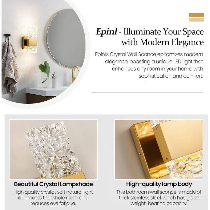 Gold Sconces Wall Lighting - Crystal Wall Sconces Set of Two Modern Bathroom Vanity Light Fixtures Hardwire Modern 4000K Dimmable LED Wall Mounted Sconces for Hallway Living Room