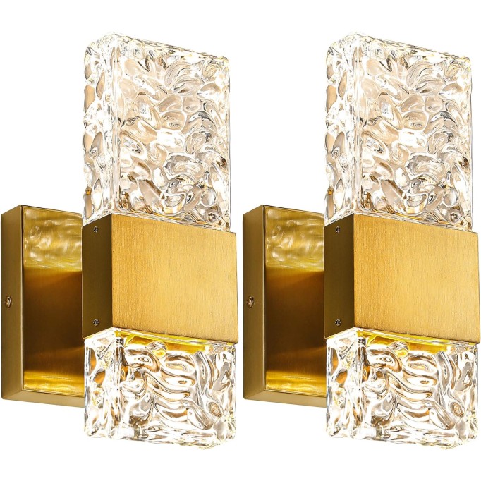 Gold Sconces Wall Lighting - Crystal Wall Sconces Set of Two Modern Bathroom Vanity Light Fixtures Hardwire Modern 4000K Dimmable LED Wall Mounted Sconces for Hallway Living Room