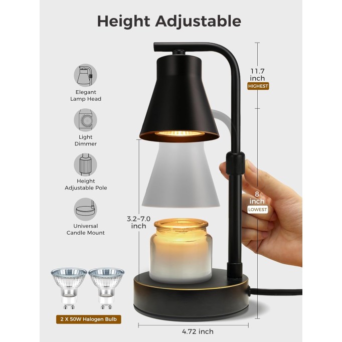 Candle Warmer Lamp with Dimmer, Adjustable Height & Heat, Electric Metal Candle Lamp Warmer Perfect for Large Jar Candle，as Gifts for Moms Grandma Women Girls