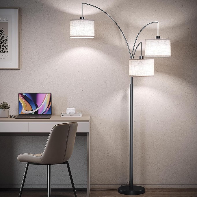 3 Lights Floor Lamp with Remote Control and 3 Stepless Dimmable Bulbs, 78" Tall Standing Lamp with Hanging Drum Shade & Heavy Base, Modern Arc Floor Lamps for Living Room, Bedroom, Office