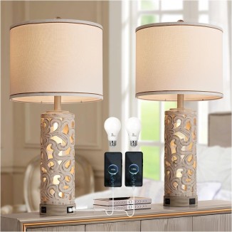 Set of 2 Table Lamps with Night Light, 28" Farmhouse Table Lamp with USB A+C Ports,White Ceramic Bedside Lamp with Fabric Shade for Living Room,Bedroom,Home,Office(2 Bulbs Included)