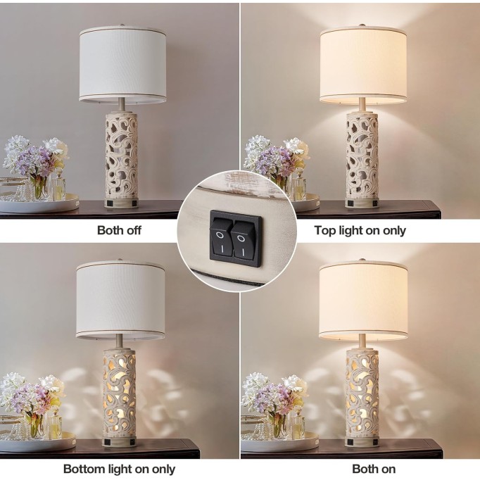 Set of 2 Table Lamps with Night Light, 28" Farmhouse Table Lamp with USB A+C Ports,White Ceramic Bedside Lamp with Fabric Shade for Living Room,Bedroom,Home,Office(2 Bulbs Included)