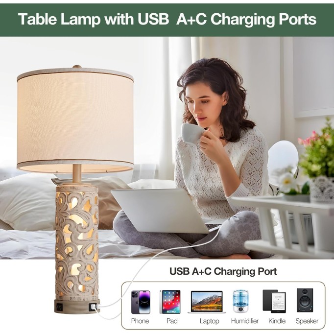 Set of 2 Table Lamps with Night Light, 28" Farmhouse Table Lamp with USB A+C Ports,White Ceramic Bedside Lamp with Fabric Shade for Living Room,Bedroom,Home,Office(2 Bulbs Included)