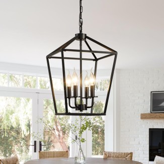 Black 4-Light Farmhouse Chandelier Lighting Fixture, Industrial Ceiling Light Over Table with Metal Cage, Adjustable Height E12 Base, Lantern Chandeliers for Dinning Room, Kitchen Island, Entry