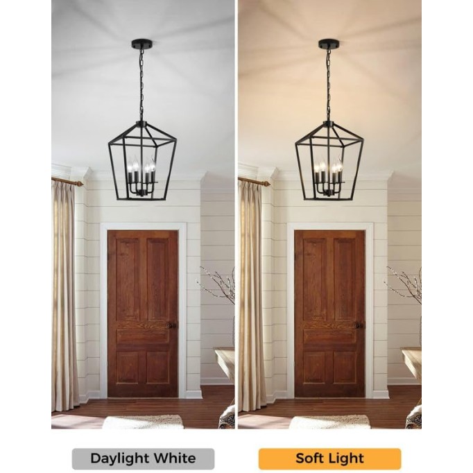 Black 4-Light Farmhouse Chandelier Lighting Fixture, Industrial Ceiling Light Over Table with Metal Cage, Adjustable Height E12 Base, Lantern Chandeliers for Dinning Room, Kitchen Island, Entry