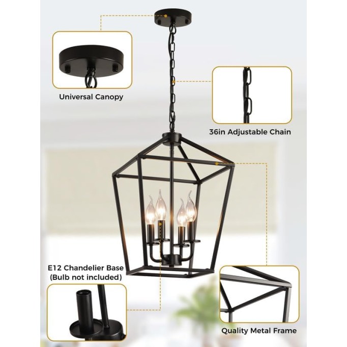 Black 4-Light Farmhouse Chandelier Lighting Fixture, Industrial Ceiling Light Over Table with Metal Cage, Adjustable Height E12 Base, Lantern Chandeliers for Dinning Room, Kitchen Island, Entry