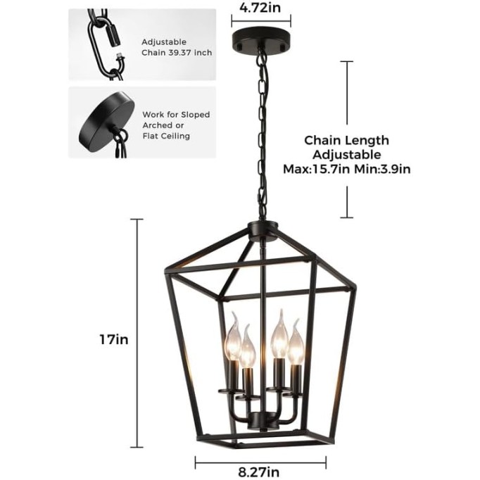 Black 4-Light Farmhouse Chandelier Lighting Fixture, Industrial Ceiling Light Over Table with Metal Cage, Adjustable Height E12 Base, Lantern Chandeliers for Dinning Room, Kitchen Island, Entry