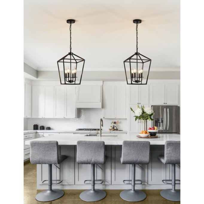 Black 4-Light Farmhouse Chandelier Lighting Fixture, Industrial Ceiling Light Over Table with Metal Cage, Adjustable Height E12 Base, Lantern Chandeliers for Dinning Room, Kitchen Island, Entry