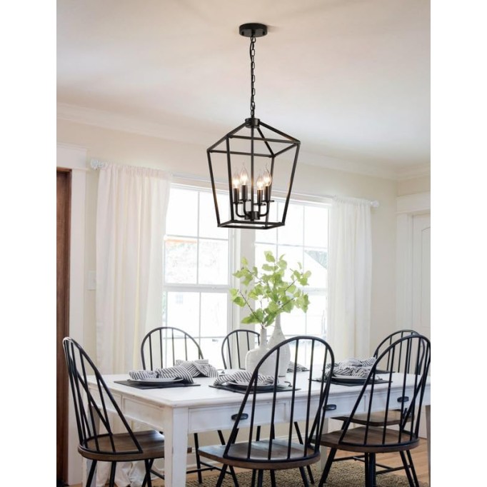 Black 4-Light Farmhouse Chandelier Lighting Fixture, Industrial Ceiling Light Over Table with Metal Cage, Adjustable Height E12 Base, Lantern Chandeliers for Dinning Room, Kitchen Island, Entry