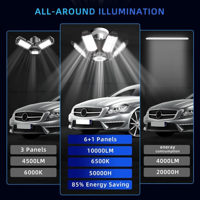 LED Garage Ceiling Light - 6 Pack Adjustable 60000lm Bright LED Basement Light 6 Deformable Panels 6500K Shop Lights Screw in E26 E27 Bulb Socket for Workshop Storage Room Warehouse Attic