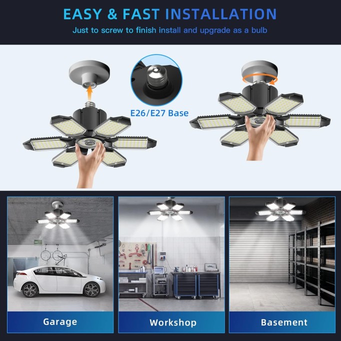 LED Garage Ceiling Light - 6 Pack Adjustable 60000lm Bright LED Basement Light 6 Deformable Panels 6500K Shop Lights Screw in E26 E27 Bulb Socket for Workshop Storage Room Warehouse Attic