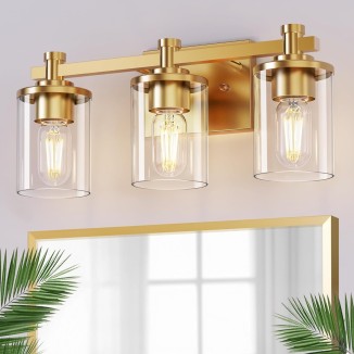 3 Light Bathroom Vanity Light- Modern Gold Bathroom Lighting Fixtures Over Mirror with Clear Glass Shade, Vintage Vanity Lights Fixture for Mirror Bedroom Hallway Living Room Powder Room