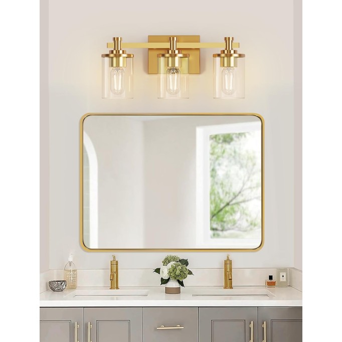 3 Light Bathroom Vanity Light- Modern Gold Bathroom Lighting Fixtures Over Mirror with Clear Glass Shade, Vintage Vanity Lights Fixture for Mirror Bedroom Hallway Living Room Powder Room