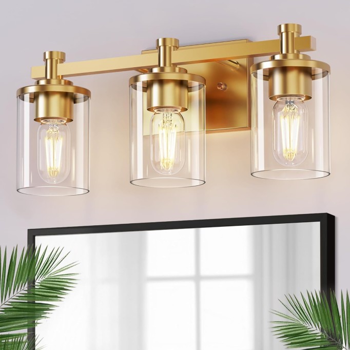 3 Light Bathroom Vanity Light- Modern Gold Bathroom Lighting Fixtures Over Mirror with Clear Glass Shade, Vintage Vanity Lights Fixture for Mirror Bedroom Hallway Living Room Powder Room