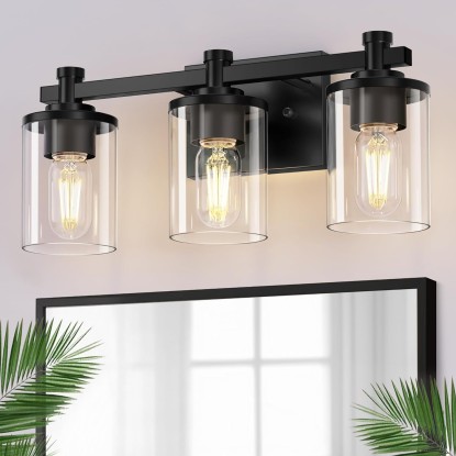 LED 3 Light Bathroom Vanity Light Fixtures, Vintage Black Vanity Lights Over Mirror, Modern Wall Sconce with Clear Glass Shade, Industrial Vanity Lights for Bathroom Bedroom