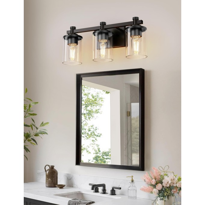 LED 3 Light Bathroom Vanity Light Fixtures, Vintage Black Vanity Lights Over Mirror, Modern Wall Sconce with Clear Glass Shade, Industrial Vanity Lights for Bathroom Bedroom