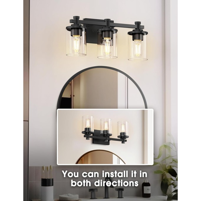 LED 3 Light Bathroom Vanity Light Fixtures, Vintage Black Vanity Lights Over Mirror, Modern Wall Sconce with Clear Glass Shade, Industrial Vanity Lights for Bathroom Bedroom