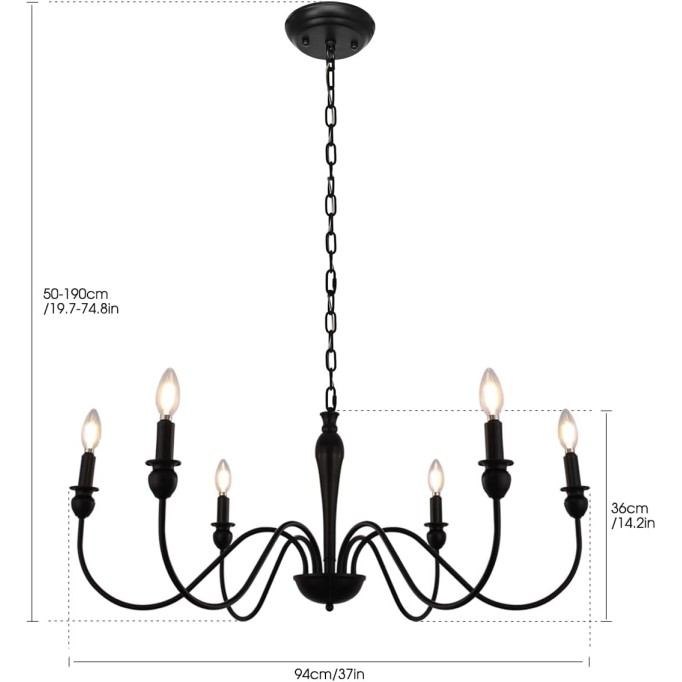 Black Chandelier 37", 6-Light Farmhouse Iron Chandeliers for Dining Room Lighting Fixtures Hanging, Light Fixtures Industrial Modern Chandelier for Bedroom, Foyer, Hall, Kitchen, Entryway