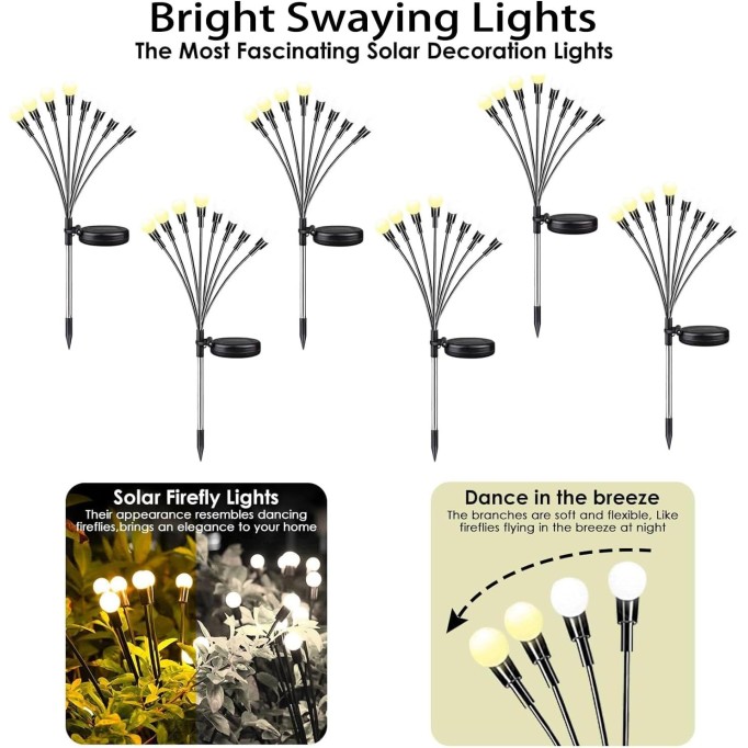 12Pack Total 96LED Solar Garden Lights - Solar Lights Outdoor, Solar Firefly Lights, Solar Swaying Light, Sway by Wind, Solar Lights Waterproof for Garden Patio Pathway Decoration(Warm White)