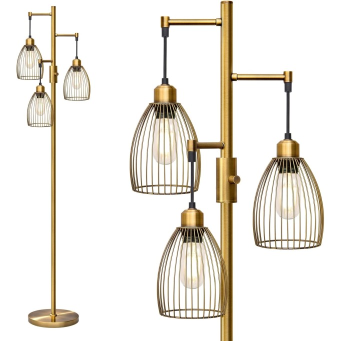 Dimmable Floor Lamp, Industrial Floor Lamps for Living Room, Antique Brass Tree Lamp Standing Lamp Tall Lamps with 3 Elegant Teardrop Cage Head & 800 Lumens LED Bulbs for Living Room Bedroom Office