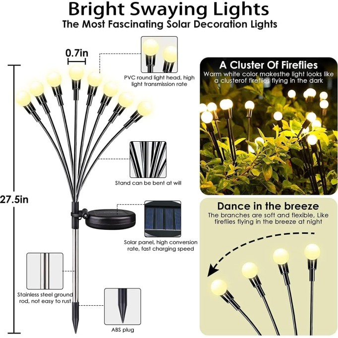 6Pack Total 48LED Solar Garden Lights -Solar Lights Outdoor, Solar Firefly Lights, Sway by Wind, Solar Fairy Lights Outdoor Waterproof for Patio Garden Pathway Decoration(Warm White)