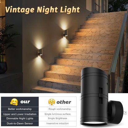 Night Light, Night Lights Plug into Wall with Dusk to Dawn Sensor, 0-100LM Adjustable Brightness, Warm White 3000K, Shine Up and Down Dimmable Night Light for Hallway Bedroom Bathroom 2 Pack