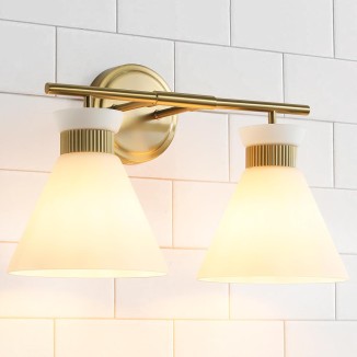 Bathroom Vanity Light Fixtures: 2 Lights Mid Century Modern Vanity Lights for Bathroom, Brass Gold Wall Sconce Lighting with Frosted Milky Glass for Over Mirror Bedroom Hallway