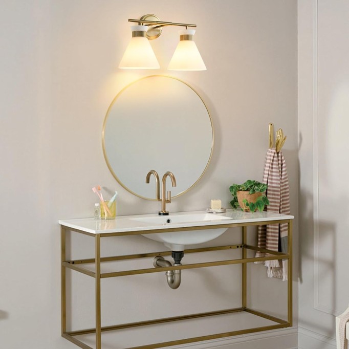 Bathroom Vanity Light Fixtures: 2 Lights Mid Century Modern Vanity Lights for Bathroom, Brass Gold Wall Sconce Lighting with Frosted Milky Glass for Over Mirror Bedroom Hallway