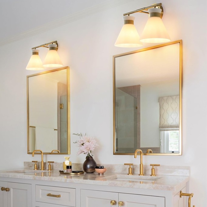 Bathroom Vanity Light Fixtures: 2 Lights Mid Century Modern Vanity Lights for Bathroom, Brass Gold Wall Sconce Lighting with Frosted Milky Glass for Over Mirror Bedroom Hallway