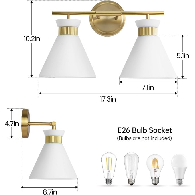 Bathroom Vanity Light Fixtures: 2 Lights Mid Century Modern Vanity Lights for Bathroom, Brass Gold Wall Sconce Lighting with Frosted Milky Glass for Over Mirror Bedroom Hallway