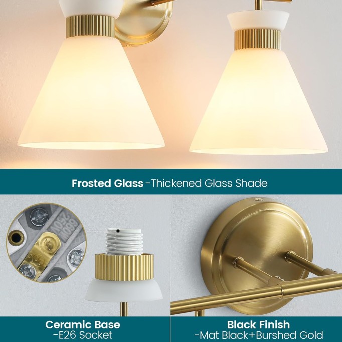 Bathroom Vanity Light Fixtures: 2 Lights Mid Century Modern Vanity Lights for Bathroom, Brass Gold Wall Sconce Lighting with Frosted Milky Glass for Over Mirror Bedroom Hallway