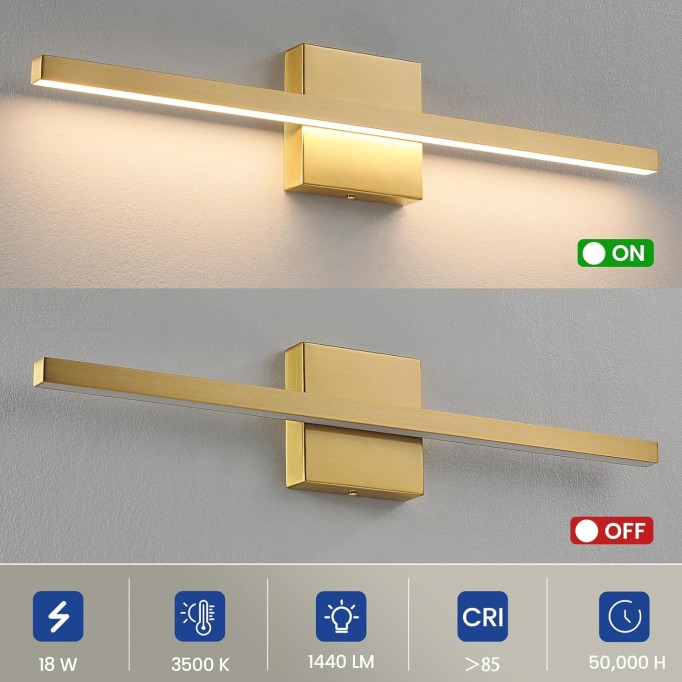 Gold Bathroom Light Fixture - 23.6 inch Brushed Gold Bathroom Vanity Light Over Mirror 18W LED Dimmable Wall Sconce Lighting Fixture for Bathroom Bedroom