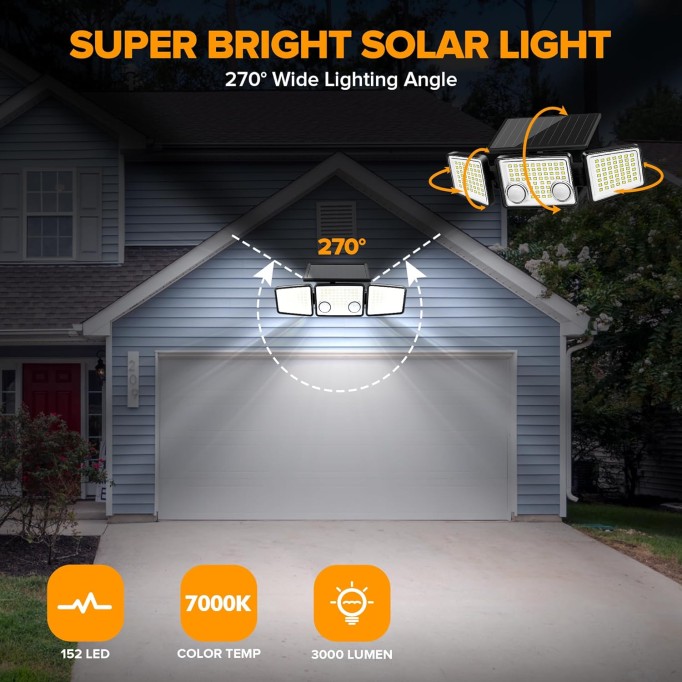 Solar Outdoor Lights 3000 Lumen 7000K, 152 LED Super Bright Motion Sensor Outdoor Lights with 2 Sensors, IP65 Waterproof 270 Wide Angle Solar Flood Lights with 3 Modes for Garden - 2 Pack