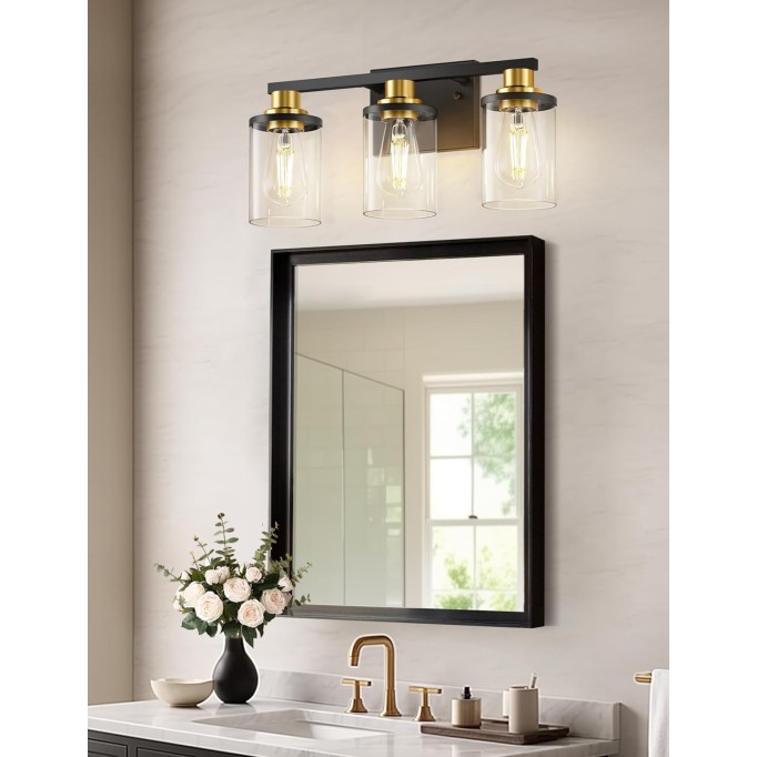 3-Light Black and Gold Bathroom Light Fixtures,Modern Bathroom Lighting Fixtures Over Mirror with Clear Glass Shade, Bathroom Vanity Lights for Bathroom, ETL Listed