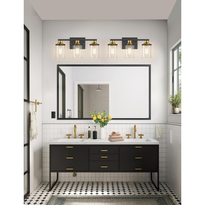 3-Light Black and Gold Bathroom Light Fixtures,Modern Bathroom Lighting Fixtures Over Mirror with Clear Glass Shade, Bathroom Vanity Lights for Bathroom, ETL Listed