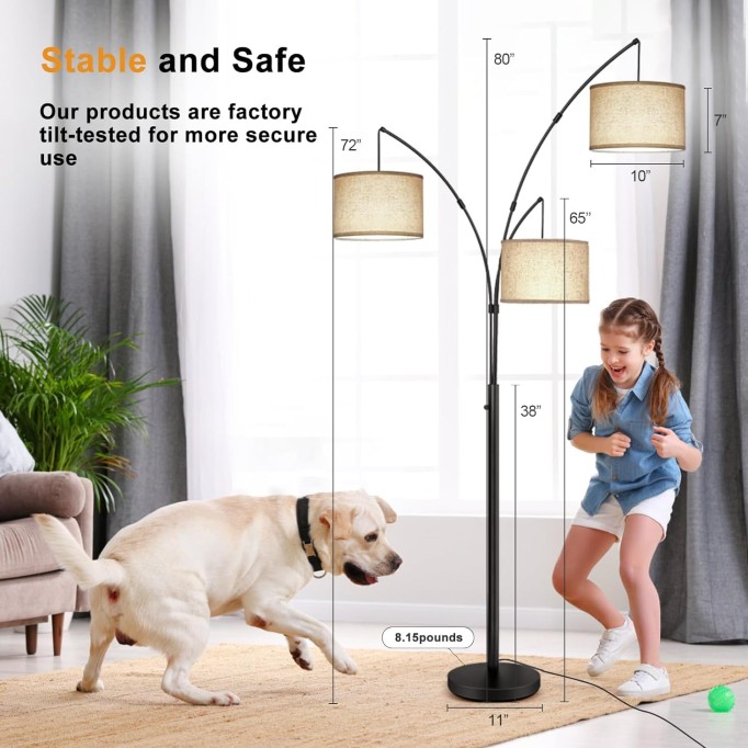 3 Light Arc Floor Lamp with Remote Control, Dimmable Floor Lamps for Living Room Bright Lighting, 3 Color Temperature, Tall Standing Lamp, Mid Century Tree Floor Lamp for Bedroom Office(Black)