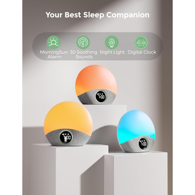 Sunrise Alarm Clock Wake Up Light Sound Machine for Sleep, White Noise Machine with Dimmable Night Light, 30 Soothing Sleep Sounds 7 Colors, Brown Noise Sleep Aid, Ideal Gift Baby Kids Adult