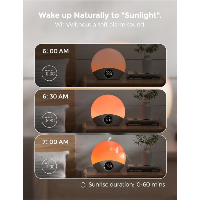 Sunrise Alarm Clock Wake Up Light Sound Machine for Sleep, White Noise Machine with Dimmable Night Light, 30 Soothing Sleep Sounds 7 Colors, Brown Noise Sleep Aid, Ideal Gift Baby Kids Adult