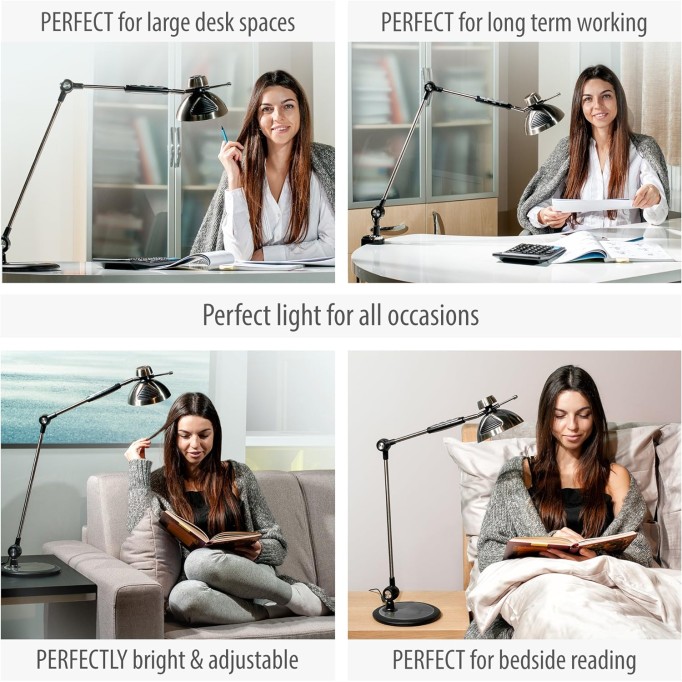 Desk Lamp Gesture Control, LED Architect Desk lamp for Home Office, Adjustable Metal Swing Arm, Tall Task Light for Drafting or Bedside Table Reading, 12 Brightness, 3 Touch Eye-Caring Modes