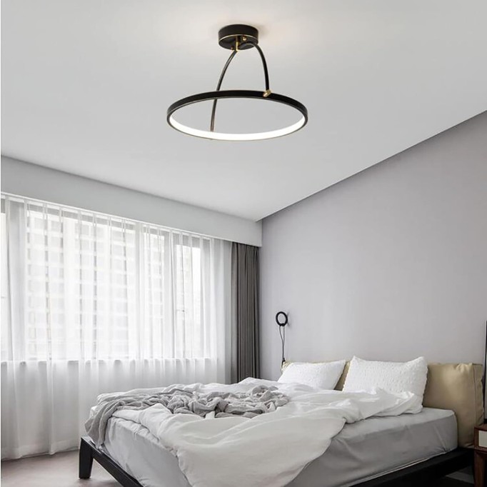 Vintage Ring LED Brass Ceiling Light Fixture Semi Flush Black Metal Base Ceiling Lamp Modern Silica Gel Chandelier for Bedroom Kitchen Hallway-Copper rub Black 30x20cm(12x8inch)