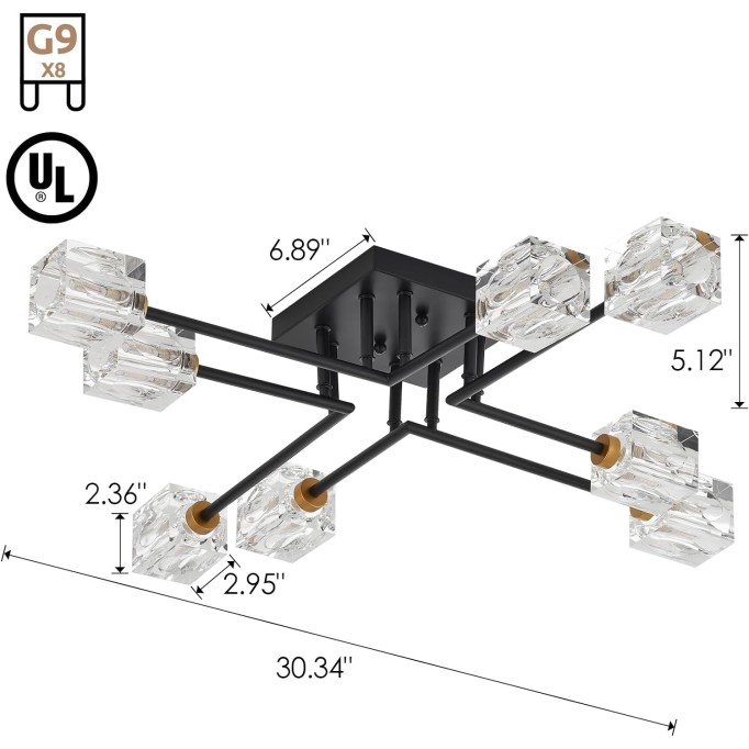 8-Lights Semi Flush Mount Ceiling Light K9 Crystal Modern Chandelier Brass and Matte Black Farmhouse Sputnik Ceiling Lighting Fixtures for Dining Room Living Room Kitchen Bedroom, UL Listed