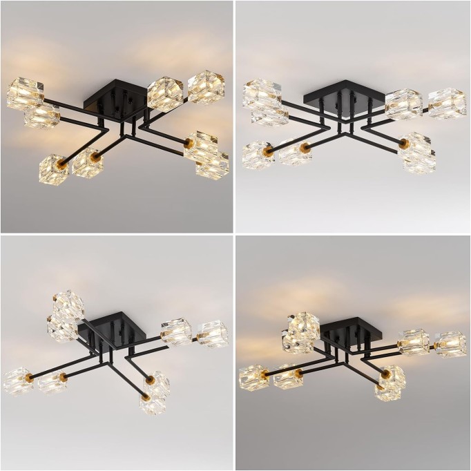 8-Lights Semi Flush Mount Ceiling Light K9 Crystal Modern Chandelier Brass and Matte Black Farmhouse Sputnik Ceiling Lighting Fixtures for Dining Room Living Room Kitchen Bedroom, UL Listed